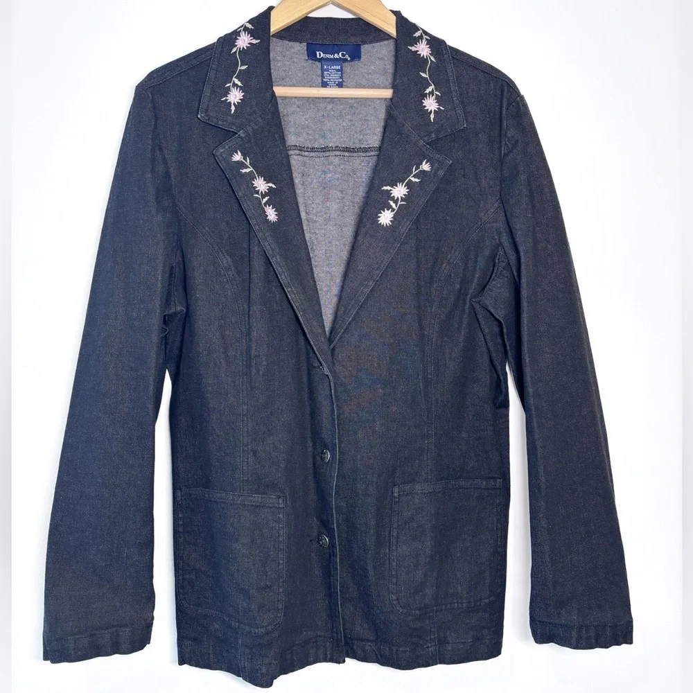 Denim & Co Black Dark Wash Floral Embroidered Patch Pocket Denim Black Jacket XL - Picture 1 of 5